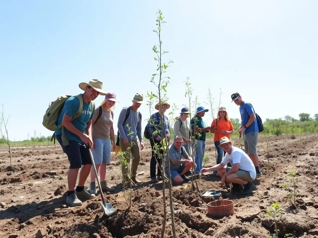A group of volunteers planting native trees in a degraded area, symbolizing ecological restoration and community involvement.