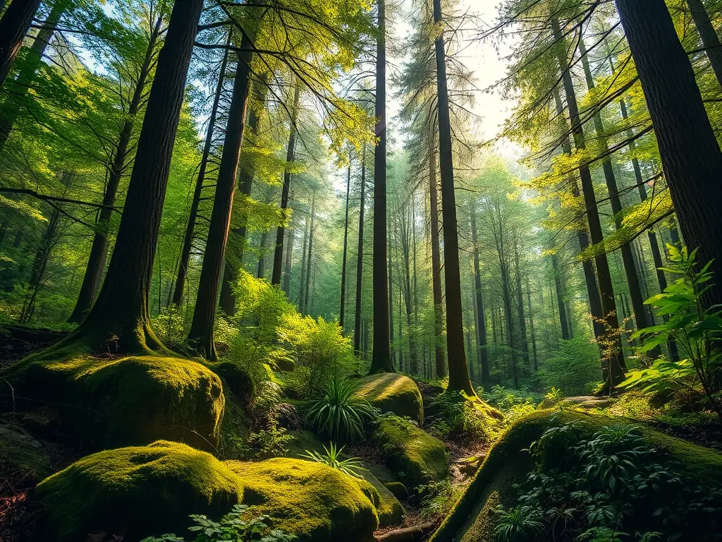 A lush, green forest landscape in Nouvelle-Aquitaine, showcasing the region's natural beauty and biodiversity, with sunlight filtering through the trees.