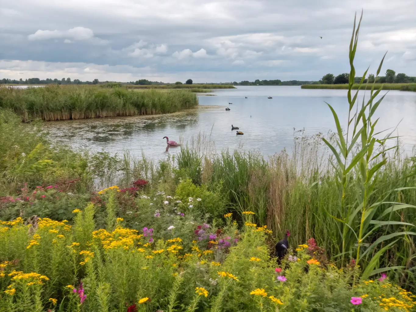 A vibrant image showcasing a restored wetland area teeming with diverse bird species, reflecting the success of ecological restoration projects.