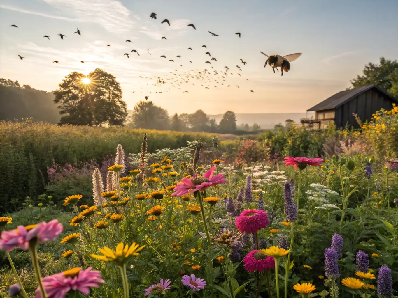 A lush green meadow with wildflowers in full bloom, showcasing the biodiversity CONSERVATOIRE D'ESPACES NATURELS DE NOUVELLE-AQUITAINE aims to protect through its conservation programs.