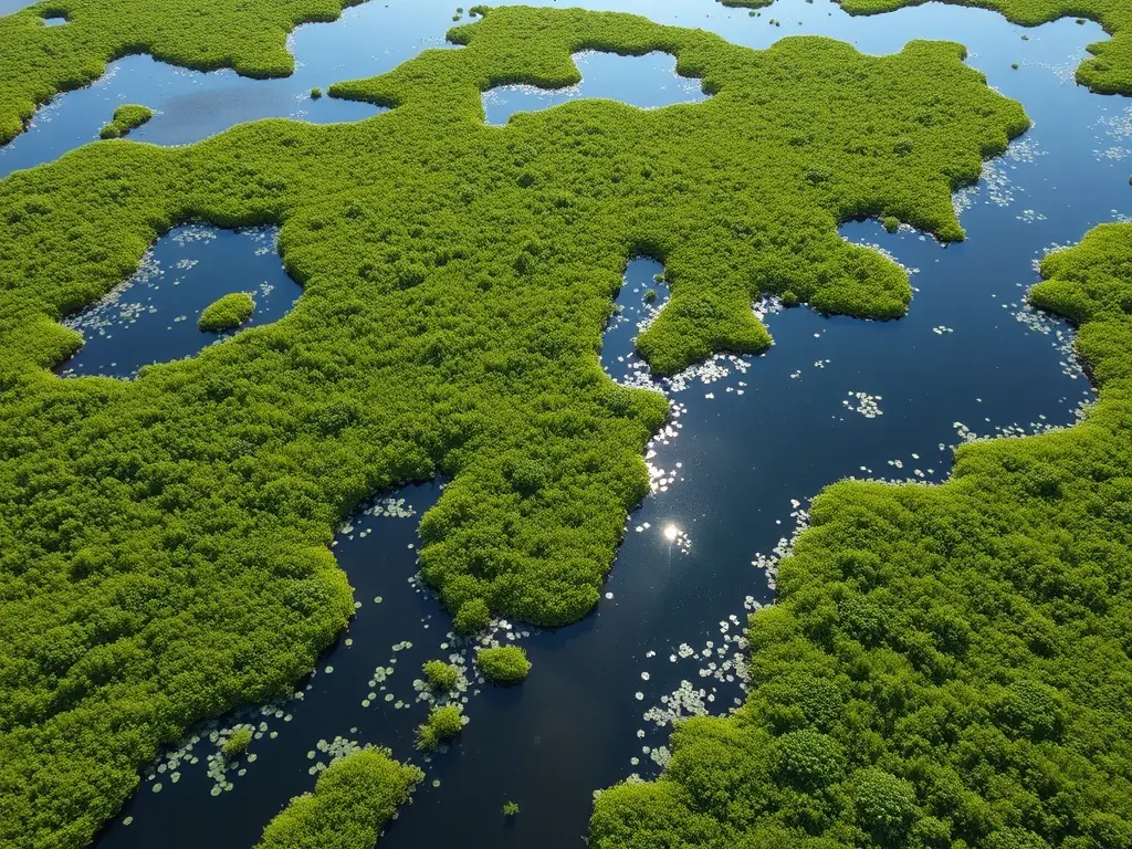 A scenic view of a restored wetland area in Nouvelle-Aquitaine, showcasing diverse plant and animal life, with conservation workers in the background.