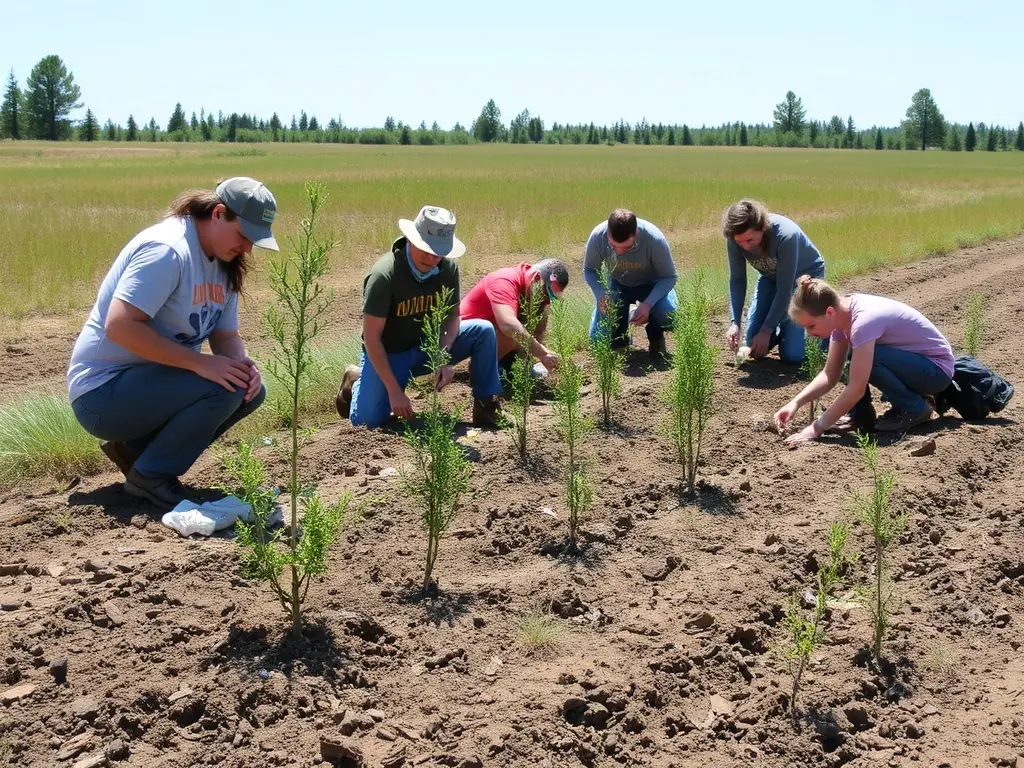 A team of volunteers planting trees in a deforested area, illustrating CONSERVATOIRE D'ESPACES NATURELS DE NOUVELLE-AQUITAINE's commitment to ecological restoration.