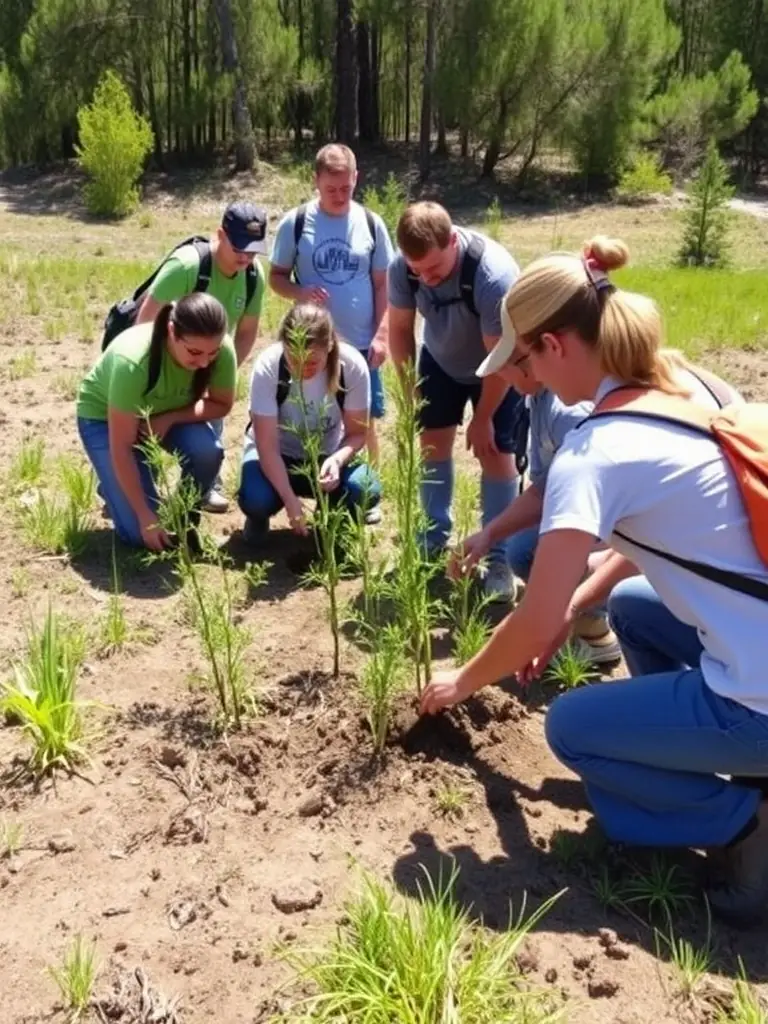 A photograph showcasing volunteers planting native trees in a restored wetland area, demonstrating the organization's commitment to ecological restoration.