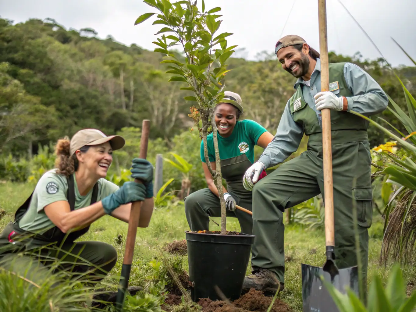A photograph of conservation staff working alongside community volunteers in a protected natural area, emphasizing collaborative conservation efforts.