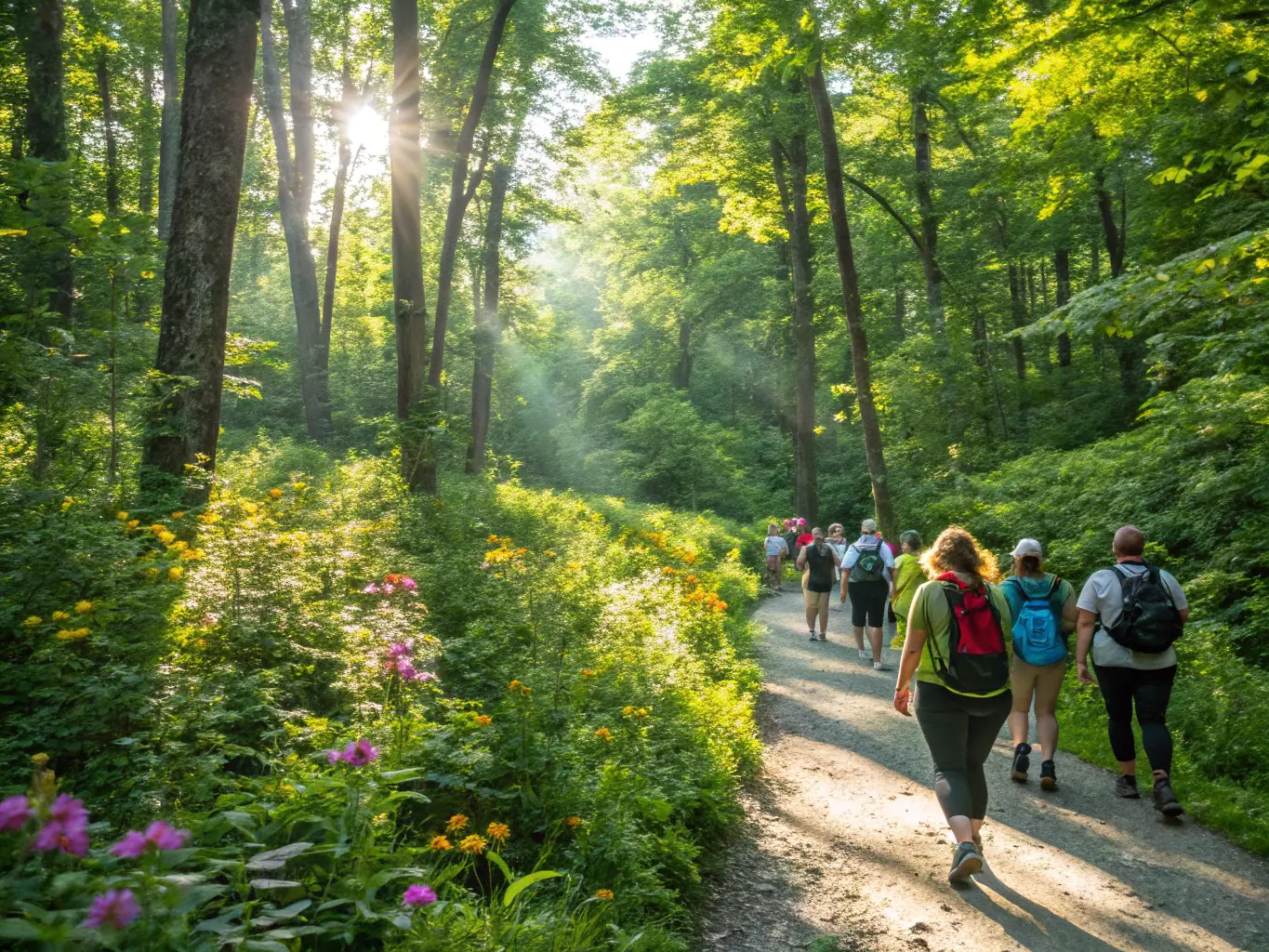 A diverse group of people participating in a guided nature walk, highlighting community engagement and environmental education.
